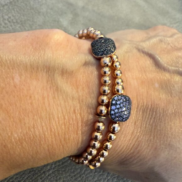 Two Italian SS Rose Gold-Plated Bead Bracelets w/Pave Set Swarovski Crystal NWOT - Picture 2 of 5
